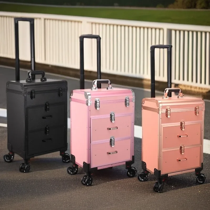 Large Capacity Aluminum Makeup Case Rolling Luggage Professional Nail Art Storage Box with Castors for Beauty Specialists