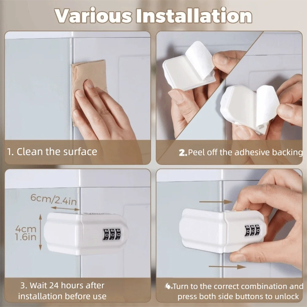 Zamek do szafki bez wiercenia, zabezpieczony hasłem, bezkluczykowy, biały, antykradzieżowy zamek do szuflady, 3-cyfrowe hasło.