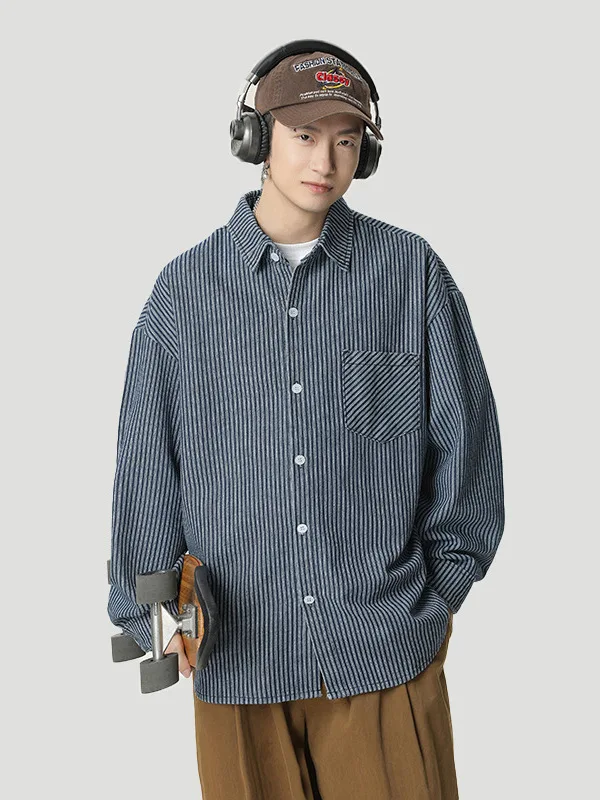 

Casual Blue Denim Striped Long Sve irt Men's Spring Sle Ba Splicing Design Japanese Retro Sle Outerwear Coat