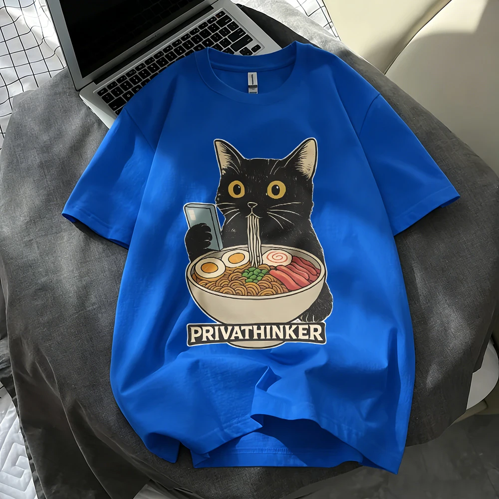 Privathinker Black Cat Eat Noodles T-Shirts Womens Cotton Summer Short Sleeve T Shirts O-Neck Oversized Tops Street Soft Clothes