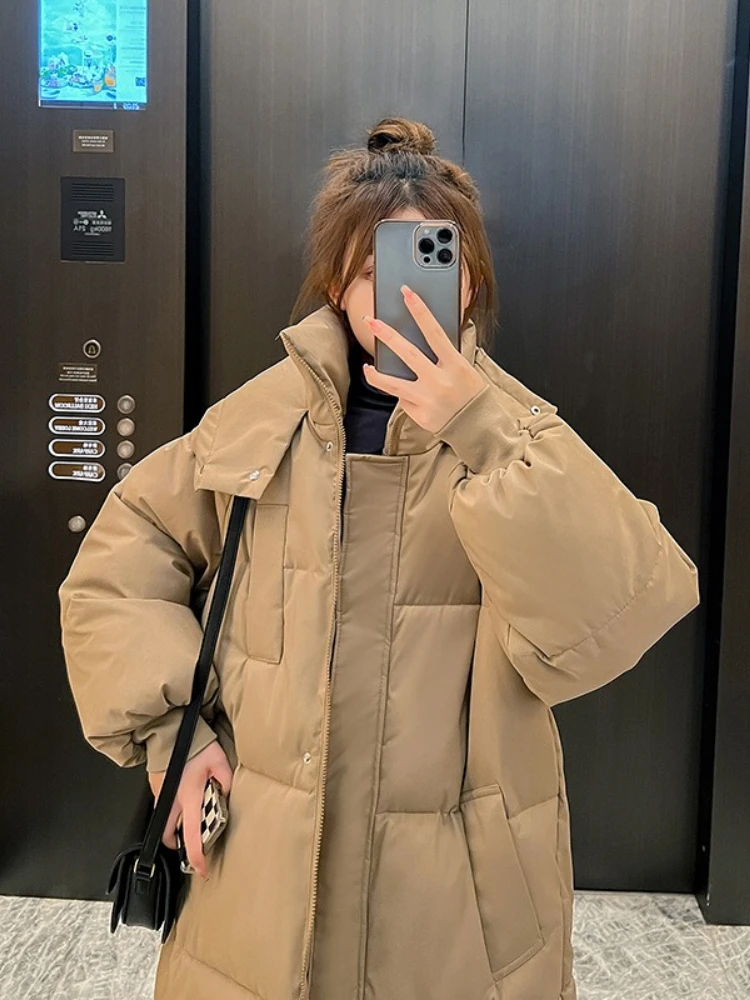 Jaket Wanita Musim Dingin 2025 Gaya Korea Longgar Panjang Selutut Polos Berkerudung Tebal Model Roti Isi Kapas