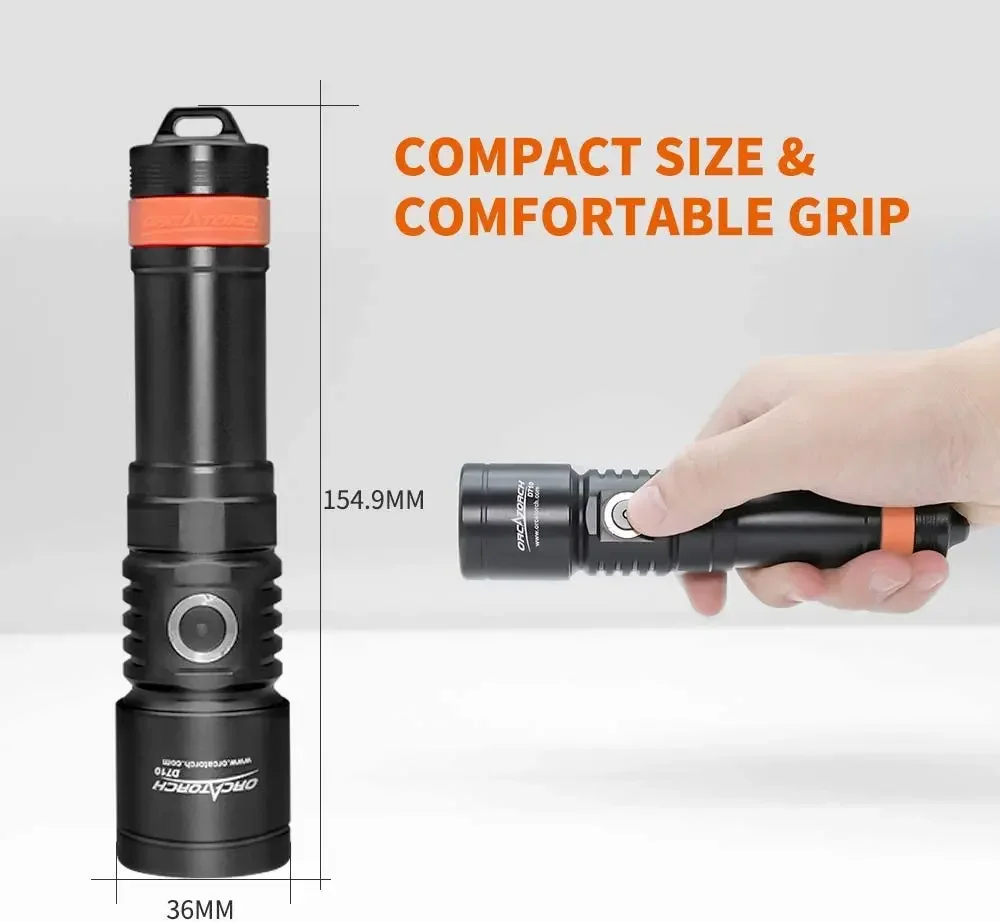 OrcaTorch D710 Scuba Diving Light 3000-Lumen Underwater Flashlight with 6 Degrees Narrow Beam 150M Waterproof Night Dive Torch