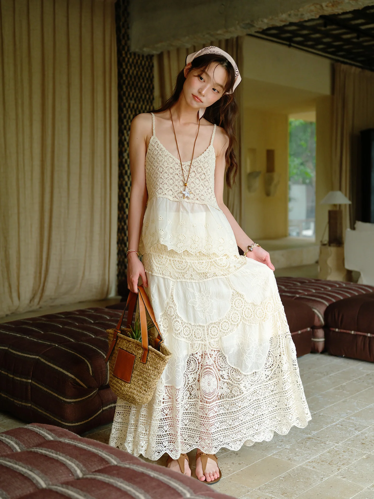 

High Waist Lace Hollow out Bohemian Half Skirt Women's Holiday Style Long Skirt Loose Fit Umbrella Skirt Elastic Waist