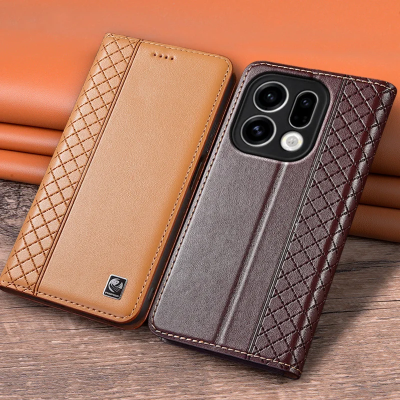 

Flip Case For OPPO Find X9 Pro X9Pro 5G Genuine Leather Magnetic Book Cover Luxury Cowhide Grid Pattern Card Pocket Wallet Cases