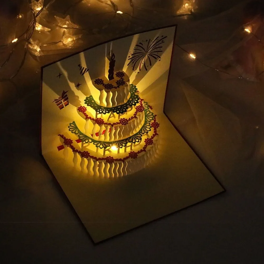 Pop Up 3D Music Light Birthday Cards Foldable Creative Happy Birthday Greeting Card Automatic Opening Hollow