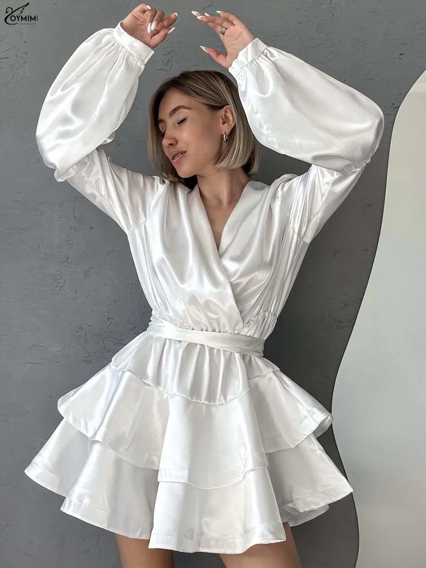 

Oymimi Fashion White Satin Womens Dresses Elegant V-Neck Long Sleeve Lace-Up Dress Casual High Waist Cascading Ruffle Mini Dress