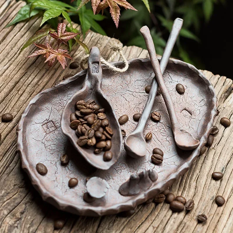 Manua-cuchara de café de gres Retro de arte japonés, utensilios de cocina simples para el hogar, cuchara agitadora de boca grande con mango largo de cerámica grande