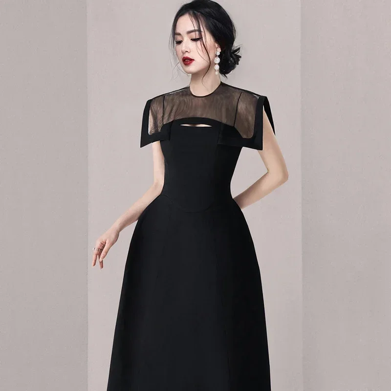 Runway Fashion Autumn Black Party Dress High Quality Women's O Neck Sleeveless Mesh Patchwork Shawl Slim Fit Ball Gown Vestidos