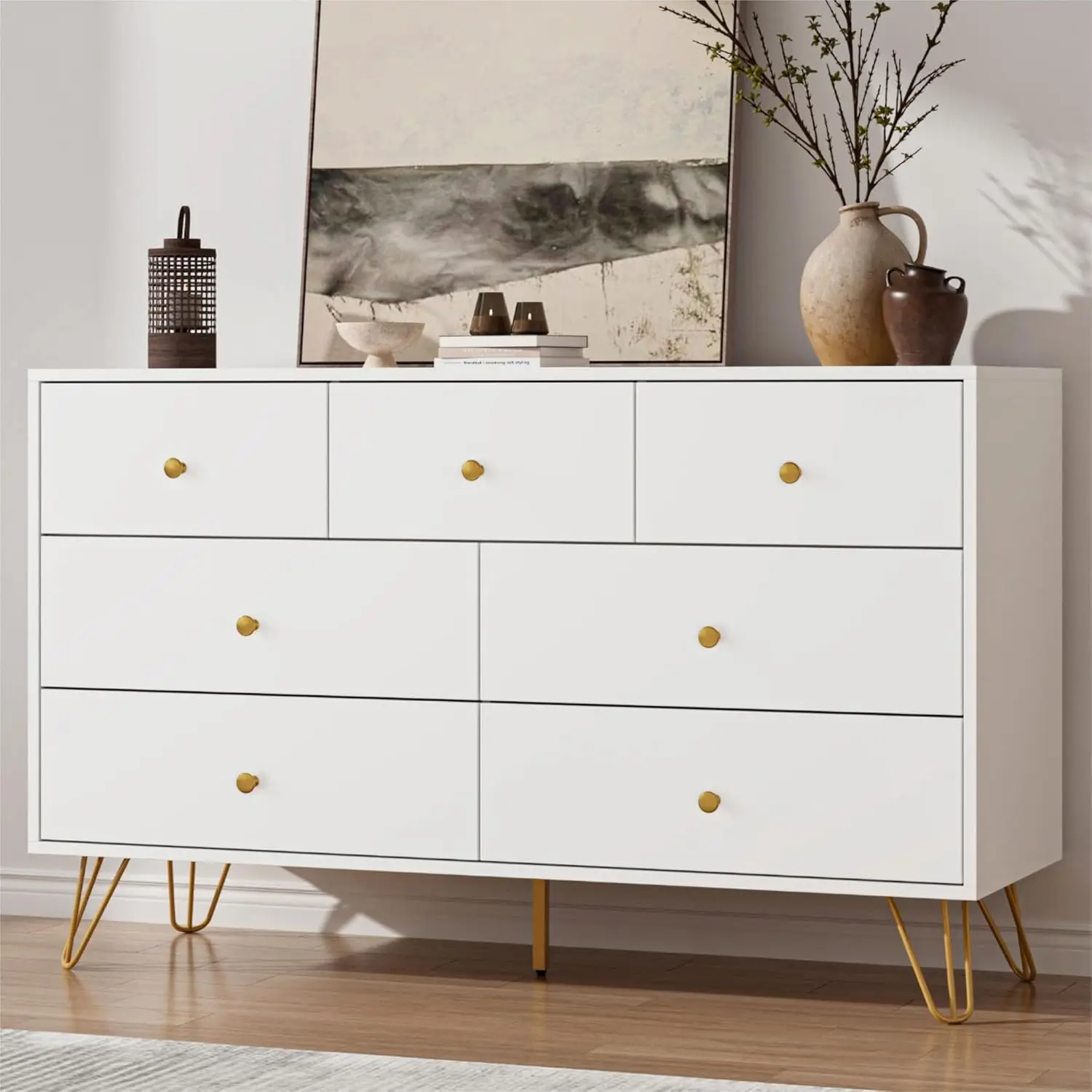 Cómoda blanca para dormitorio, cómoda moderna de 7 cajones con tiradores dorados y patas de metal, cómoda y cómoda blanca y dorada