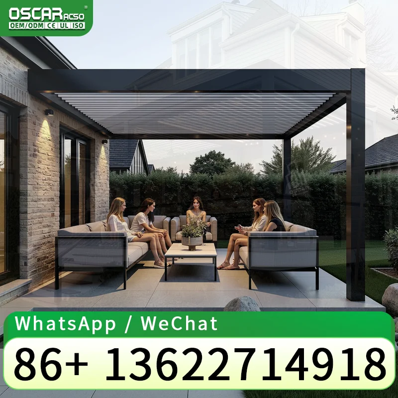 Outdoor Motorized Aluminium Louvre Pergola with LED Profile for Patio and Modern Spaces pergola