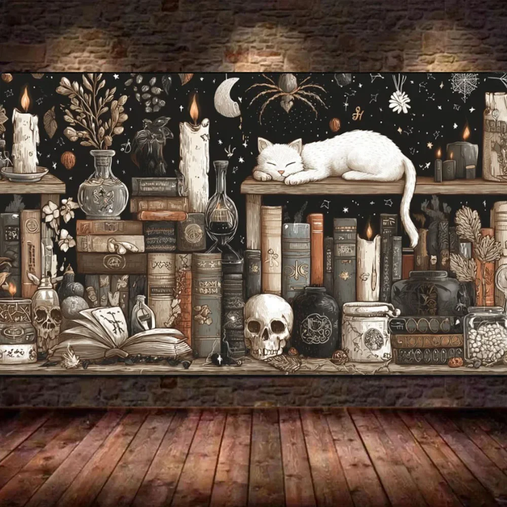 Large Size White Witch's Bookshelf ,Witchy Bookcase,White Cat Wizard DIY Diamond Embroidery Kit,Full Diamond Painting Home Art,