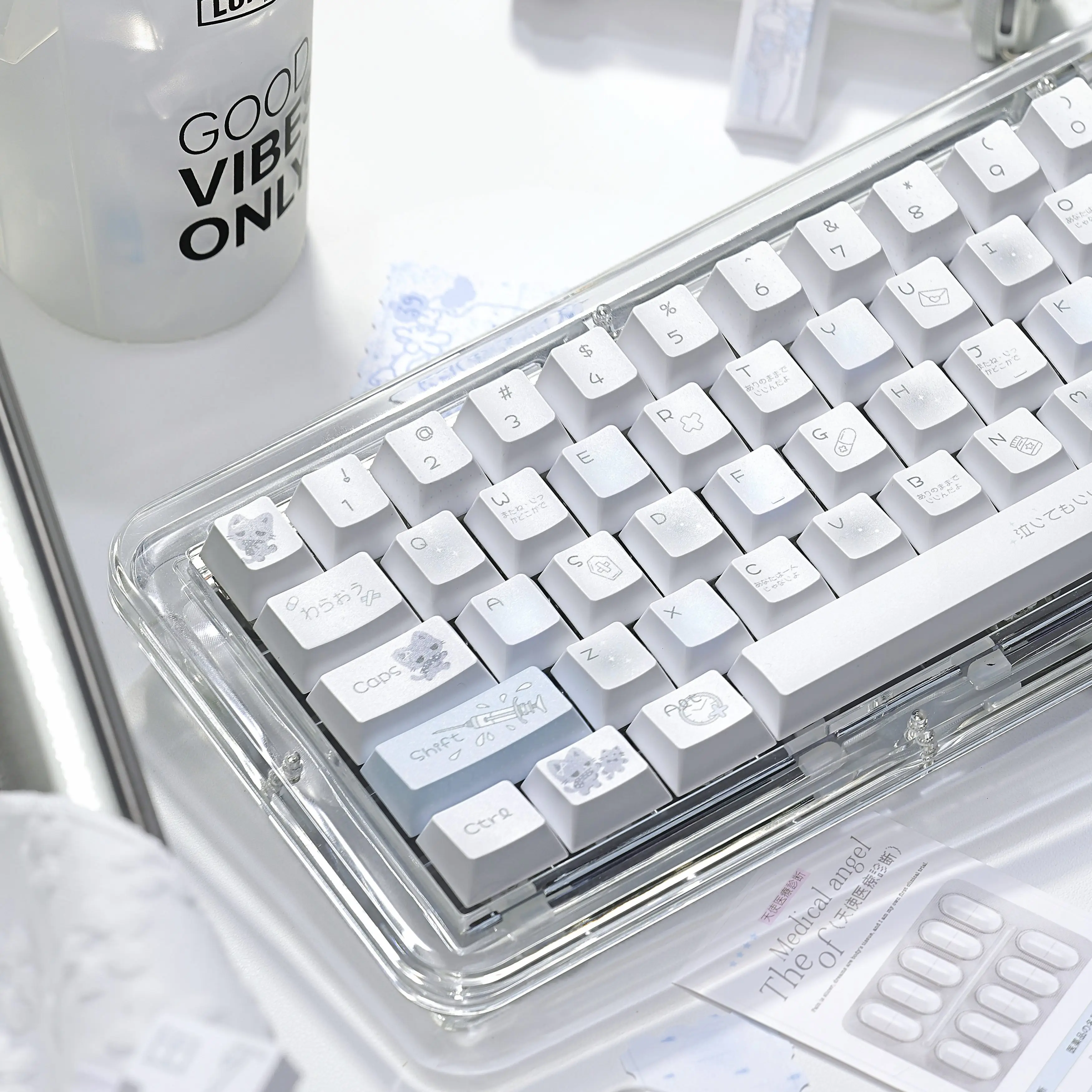 MAIMOOO Cute Cat Doctor Keycap Cherry FOA Profile Light Blue PBT Dye Sub Custom Kawaii Kitten Keycaps for Mechanical Keyboard