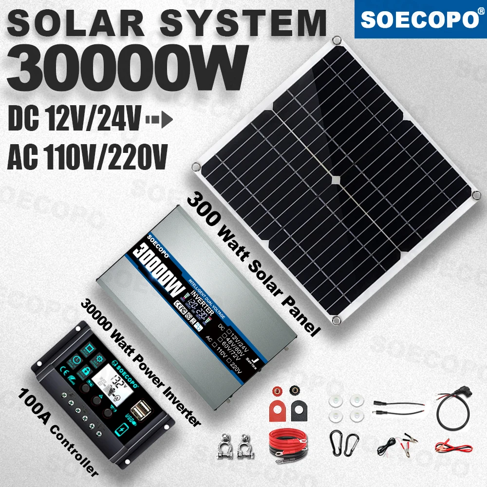 SOECOPO 30000W Peak Solar System Kit 300W Panel 100A Controller 12V24V 110V220V Inverter Generator for Camp Home Charger Off Gri