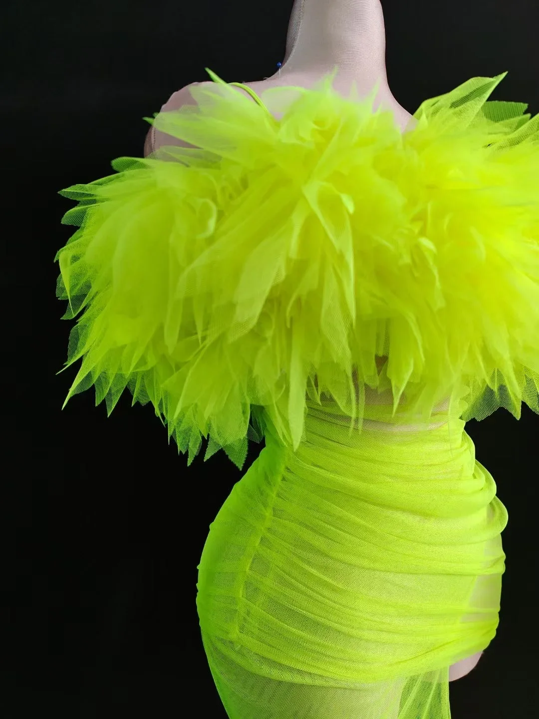 Fluorescence Green Gauze Trailing Dress With Gloves For Women Perspective Sexy Show Stage Costumes Carnival Prom Wears