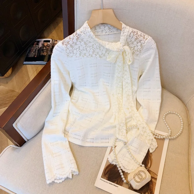 

Exquisite Embroidered Lace Hollow out Top Women's Inner Spring Autumn Sexy See tough Me irt Beautiful Base irt