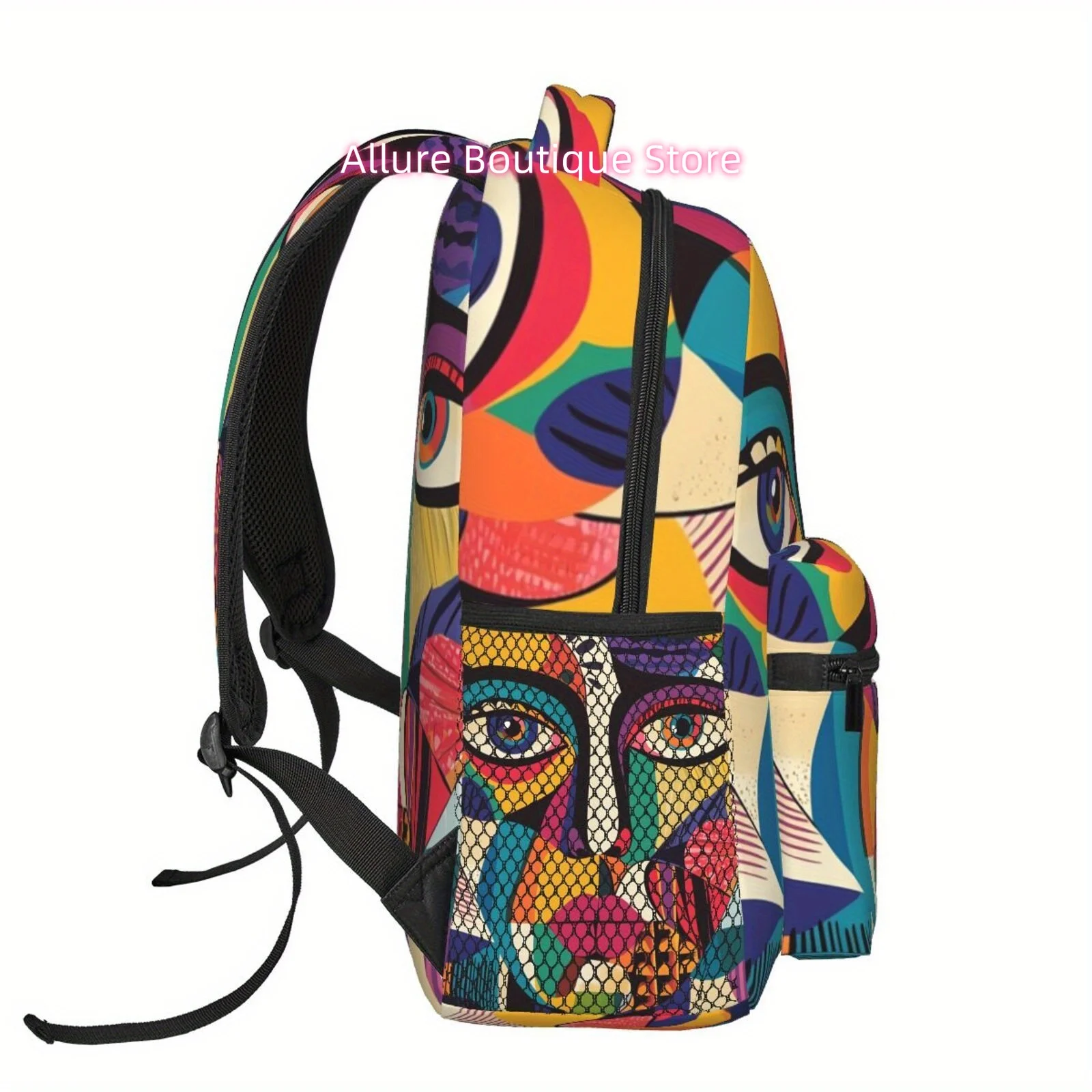 Colorful Print Backpack with Artistic Face Pattern – Adjustable Straps, Large Compartment, Multiple Compartments, Lightweight De