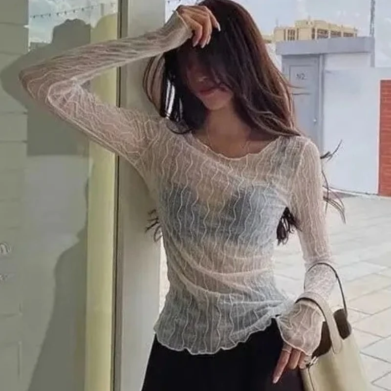 

Модный пуловер с воротником-стойкой, женский кружевной топ с цветочным принтом и длинным рукавом, прозрачная весенне-осенняя облегающая рубашка, базовый слой, повседневные футболки