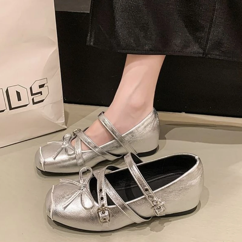 

New 2026 Spring Summer Women's Elevator Mary Jane Shoes Chic Square Toe Ballet Style Bow Detail Low Cut Soft Sole and Retro