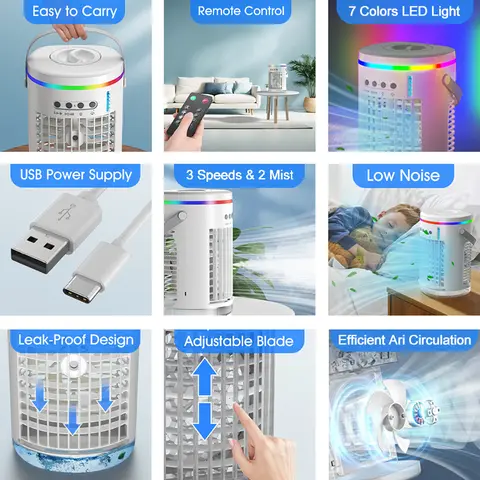 पोर्टेबल एयर कूलर, कूलिंग फैन, एयर कंडीशनर फैन, 1400 मिली, 3 स्पीड, 7 रंगों की लाइट के साथ, USB संचालित, कमरे/कार्यालय/डेस्क के लिए 10 best sales कमरे का एयर कूलर - №3