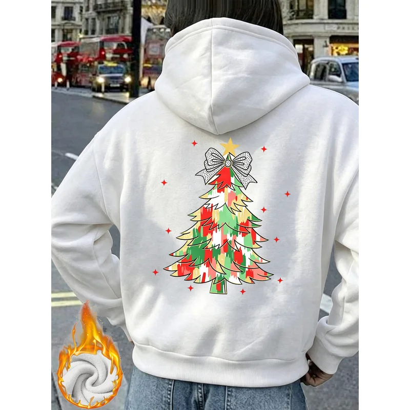 Women's fleece-lined hooded sweatshirt for autumn and winter, featuring a colorful hand-drawn Christmas tree
