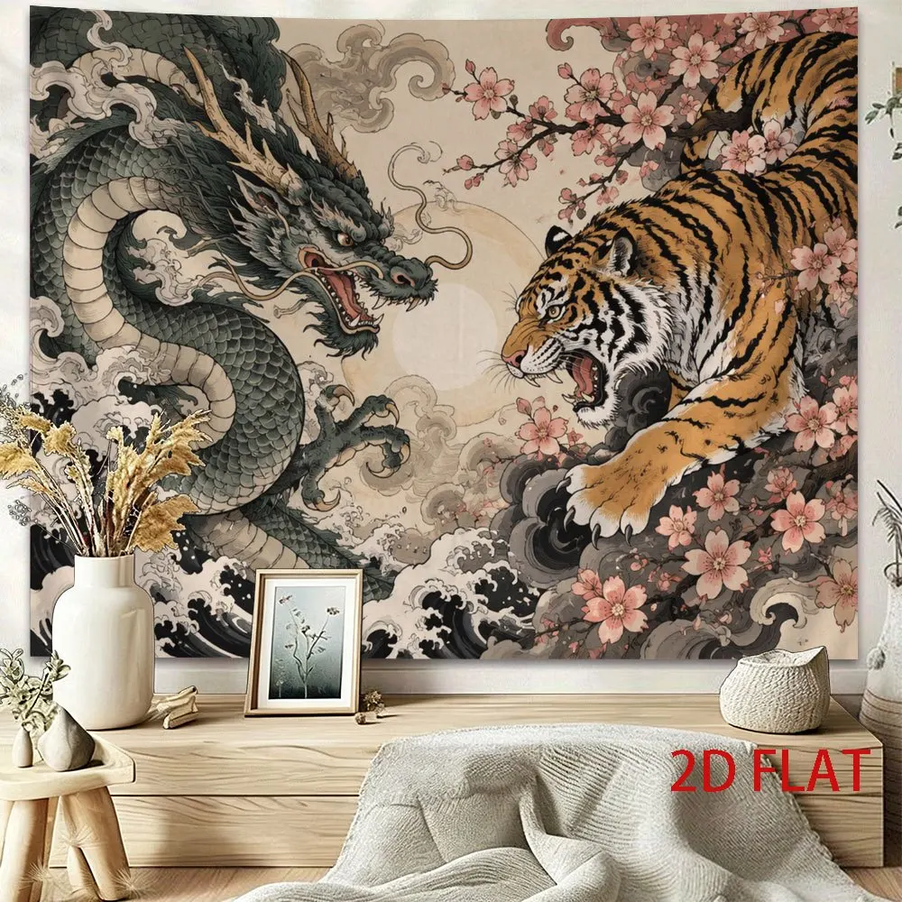 Asian Dragon Tiger Tapestry, Vintage Ukiyo-e Dragon Tiger Sakura Wave Print Wall Hanging for Bedroom Living Room Dorm Home Decor