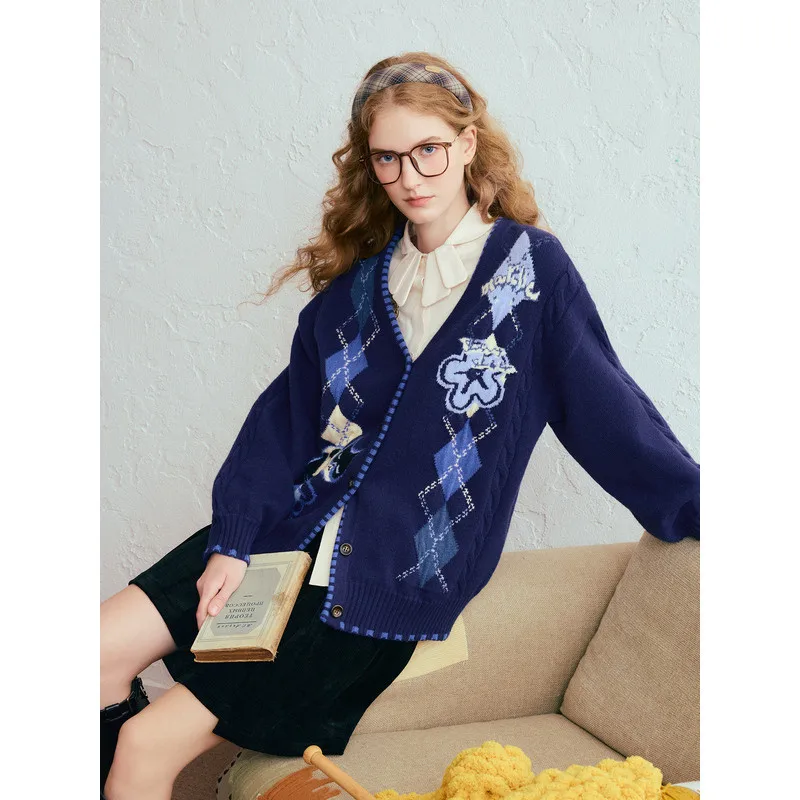 

Retro Floral Cardigan Women's Loose Diamond Grid Sweater
