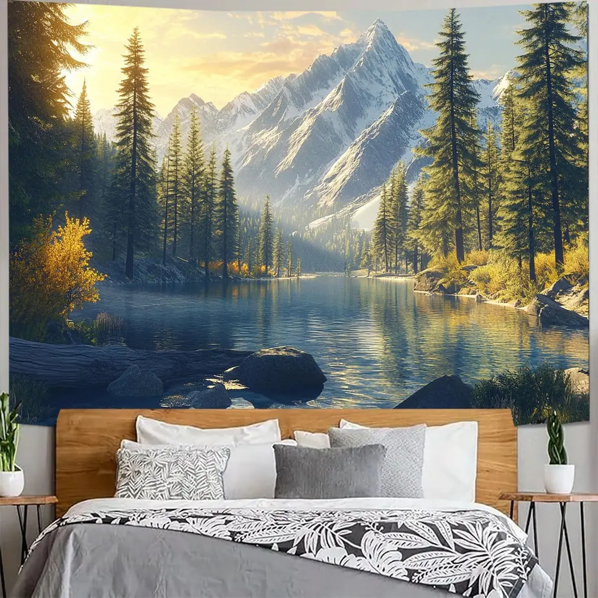 Tapisserie murale Paysage Montagne Enneigée Lac Tranquillité, Décoration Murale Artistique avec Images de Plantes et Arbres de la Forêt Naturelle, Couverture Murale
