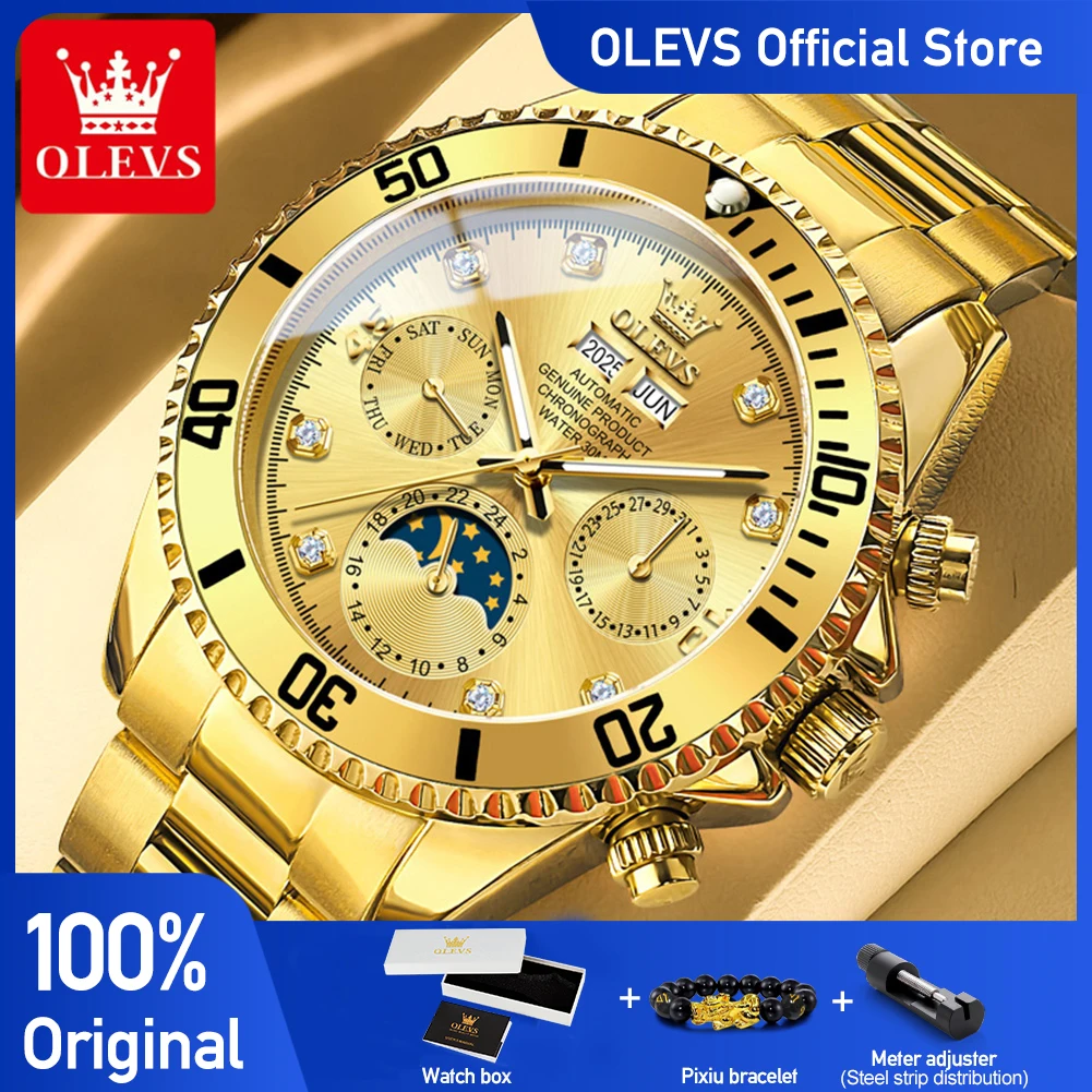 OLEVS 6729 Mens Watches Luxury Original Fully Automatic Mechanical Wristwatch Calendar Week Waterproof Luminous Watches Gifts