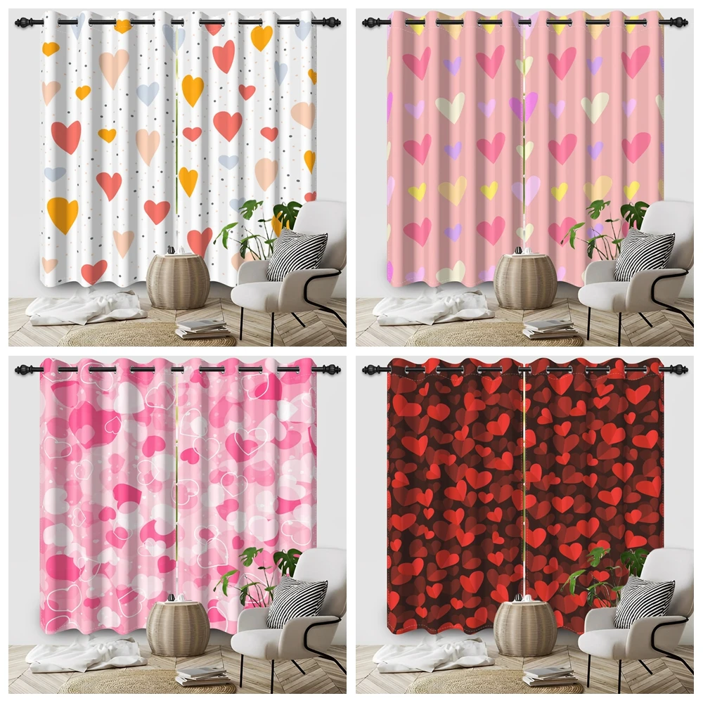 2pcs/set Valentine's Day Window Curtain Romantic Love Rose Flower Bedroom Living Room Decor Blackout Polyester Fabric Curtains