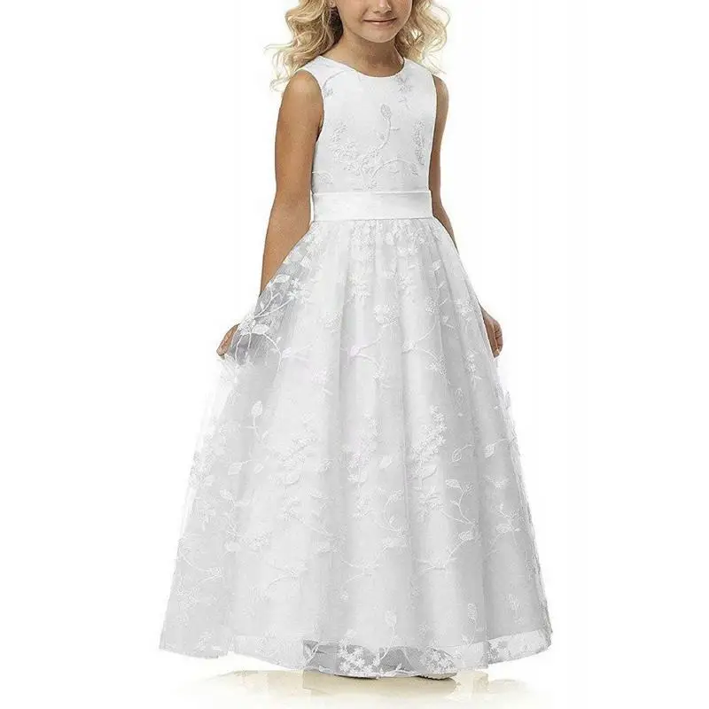 Chic Kids Long Communion Dress Lace Flower Girl Dresses Tulle Embroidered Satin Belt Boho Bridesmaid Dress 2-13 Years