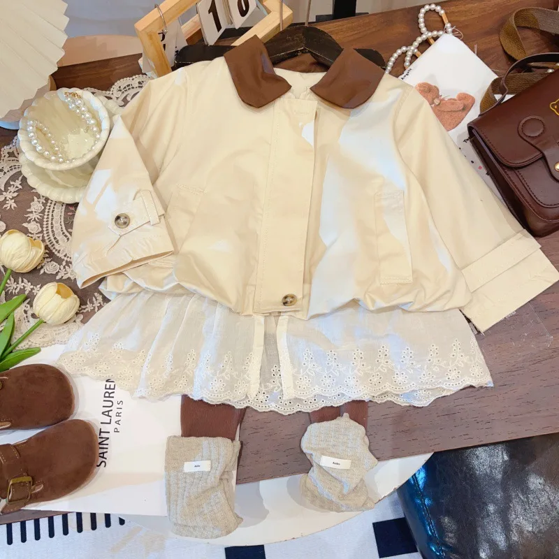 

2025 корейский кружевной плащ для девочек, куртка, леггинсы, комплект весны и осени, новая корейская осенняя одежда для детей и девочек