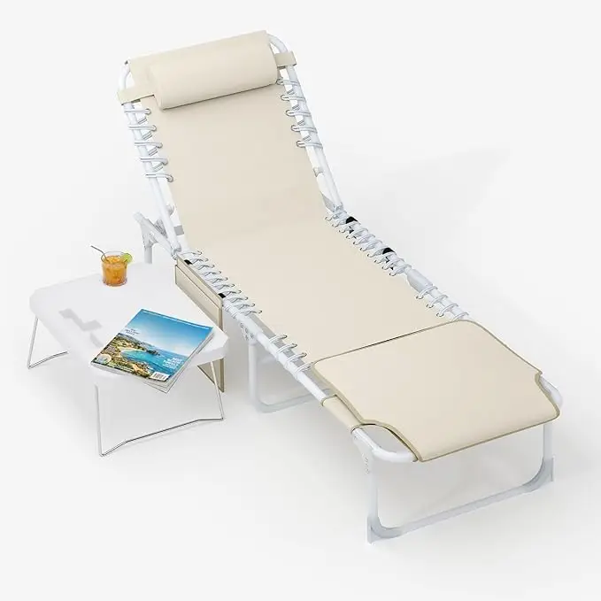 Tanning Chair with Face Hole, 3-in-1 Outside Beach Lounge Chair with Folding Table, 5 Reclining Positions and Removable Pillow  for Beach, Pool