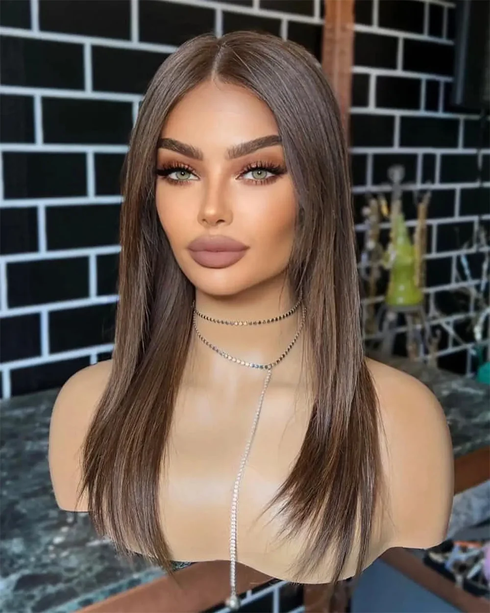 13x4 Dark Brown Brunette Wig Middle Part Realistic Look Wig Straight Layered Hair Heat Resistant Synthetic Lace Front for Women