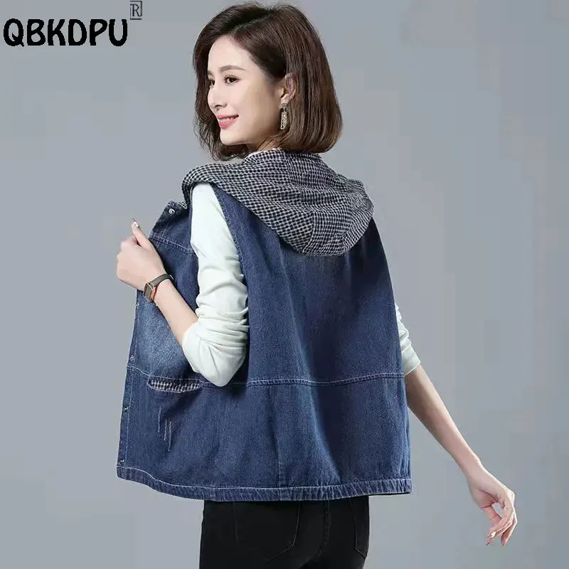 Casual Loose Hooded Vest Women Sleeveless Denim Jacket Plaid Patchwork Streetwear Jean Waistcoat Wash Spring Chaleco Mujer