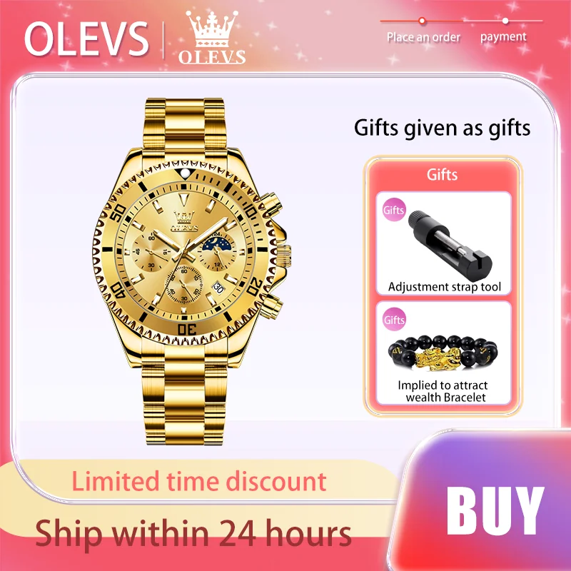 OLEVS Top Wristwatch Brand Stainless Steel Strap Men\'s Watches Gold Luxury waterproof Original Quartz Watch Moon Phase Luminous