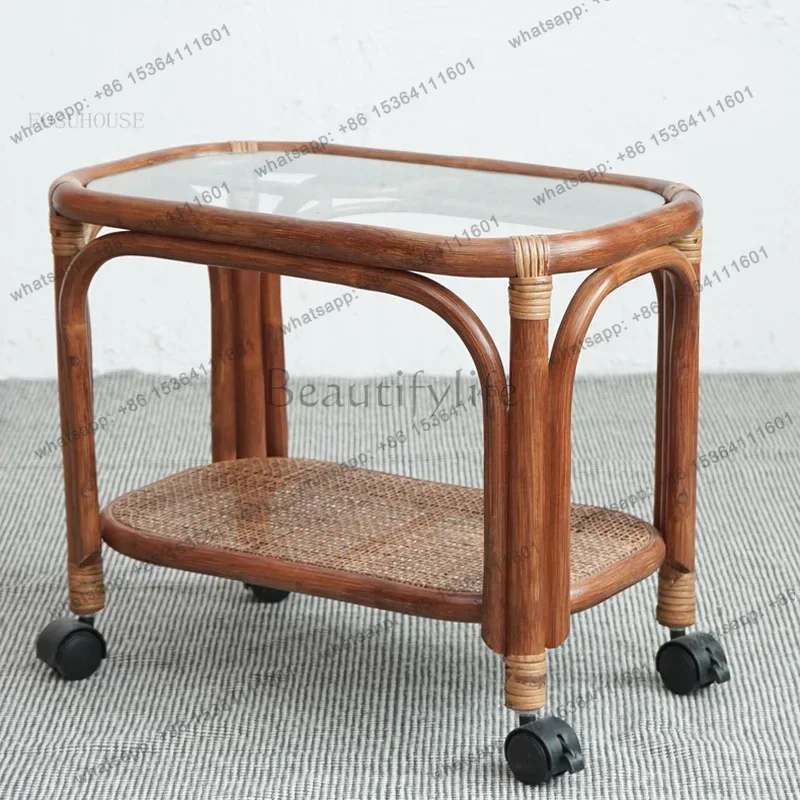 LSJapan Rattan Balcony Small Apartment Corner Tables Dormitory Study Sofa Coffee Table Retro Bedroom Bedside Table with Wheels