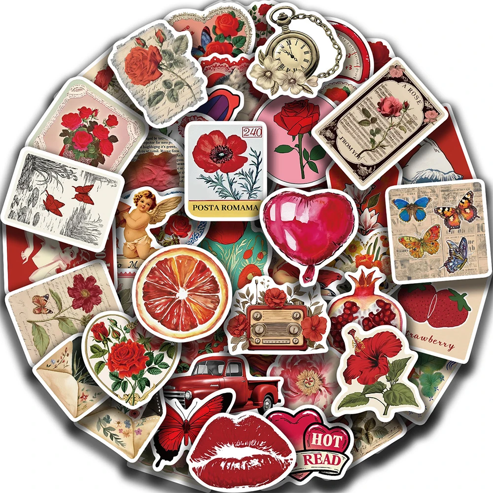 

10/30/50pcs Valentine's Day Vintage Red Aesthetic Stickers Butterfly Rose Flower Cartoon Sticker Luggage Scrapbook Phone Decals
