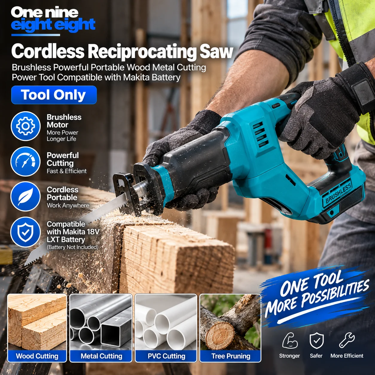 One Nine Eight Eight Cordless Reciprocating Saw Brushless Powerful Portable Wood Metal Cutting Power Tool Compatible with Makita
