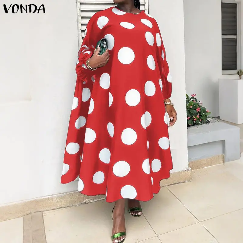 

Женские длинные платья VONDA в богемном стиле, размер 5XL, с длинными рукавами, в горошек, для вечеринок, с круглым вырезом, повседневные свободные платья с принтом, сарафаны 4XL