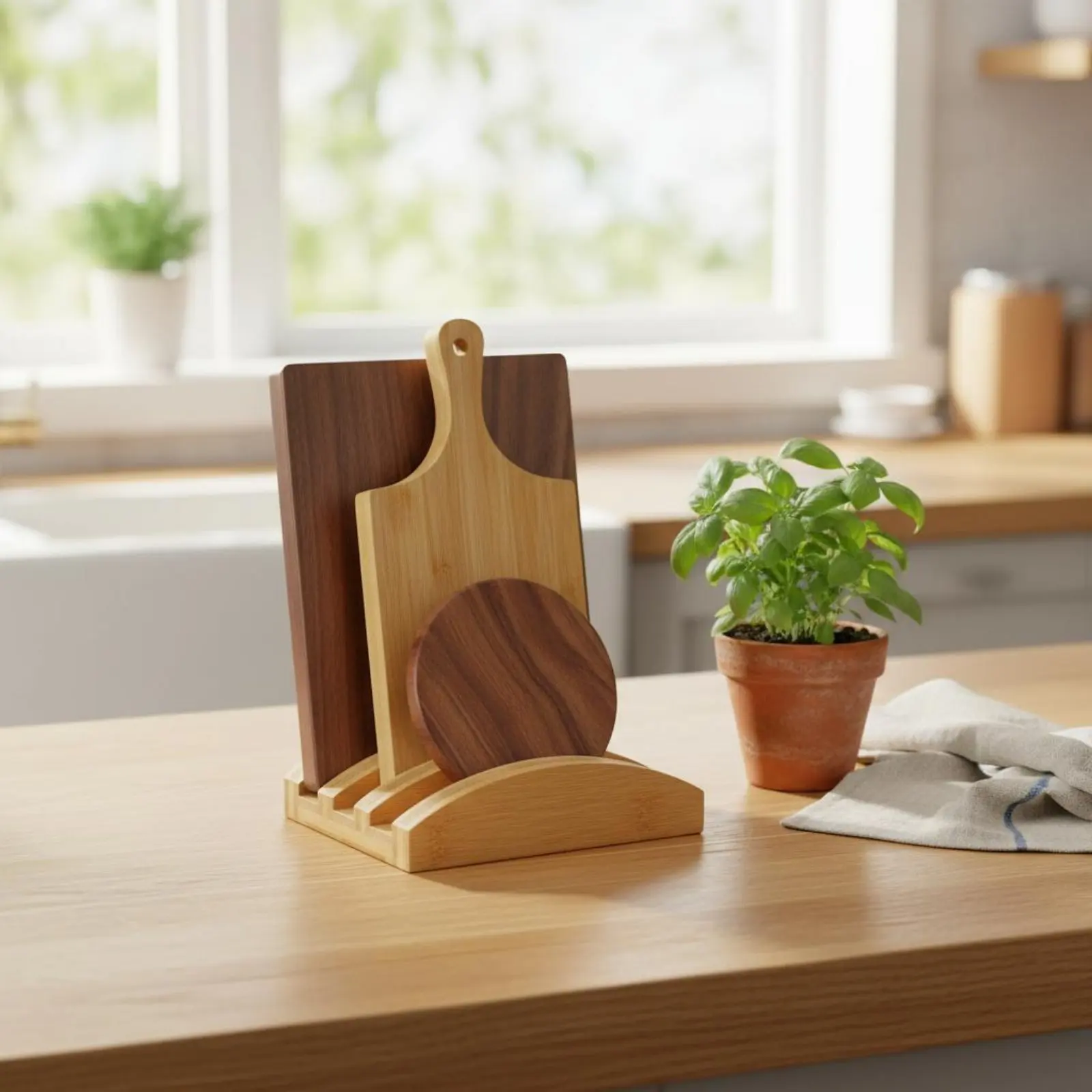 

Bamboo Cutting Board Holder Multi-Functional Slotted Kitchen Stand Wooden Plate Rack Space-Saving for Countertop