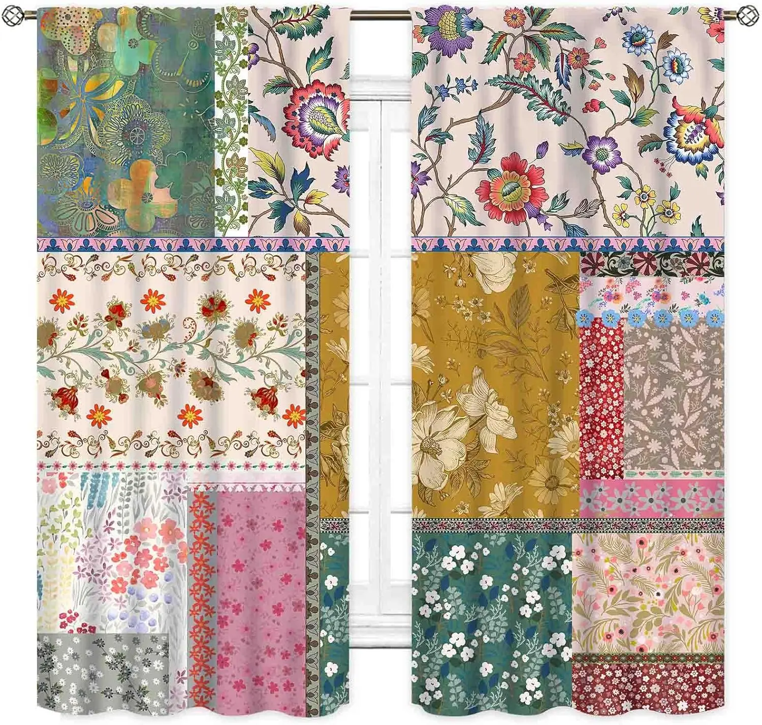 Boho Patchwork Floral Blackout Curtain Multi Color Spliced Flower Drape For Bedroom Small Cottage Homestay Window Home Decor
