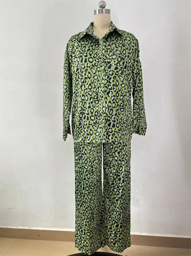 Camicie a maniche lunghe con stampa leopardata e pantaloni a gamba larga Set camicetta allentata abiti pantaloni a gamba larga abbottonatura Set da 2 pezzi completo da donna