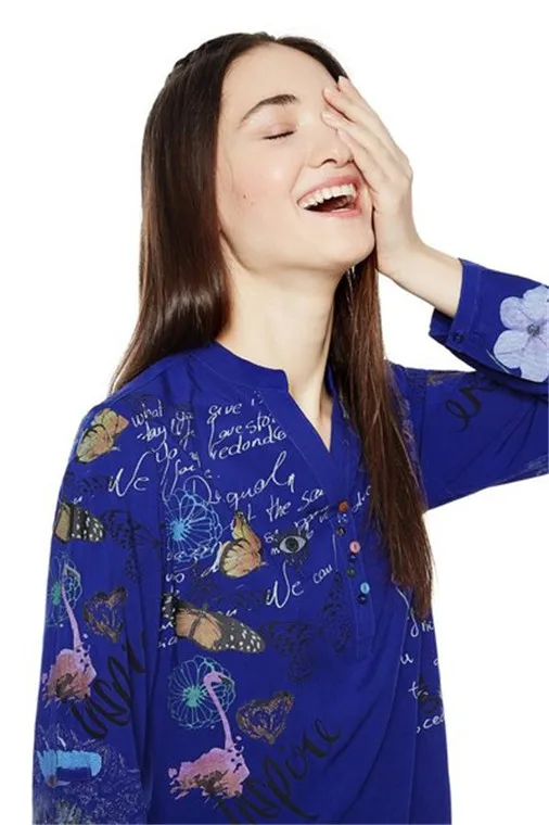 

Женская рубашка с V-образным вырезом и буквенным принтом, на пуговицах, с длинным рукавом, стандартной длины, для повседневной носки, модная, премиум-класса