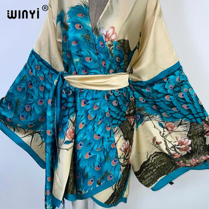 WINYI 2023 new Africa Summer print Women Cardigan stitch robe Cocktail sexy Boho loose Holiday long Sleeve Silk kimono with belt