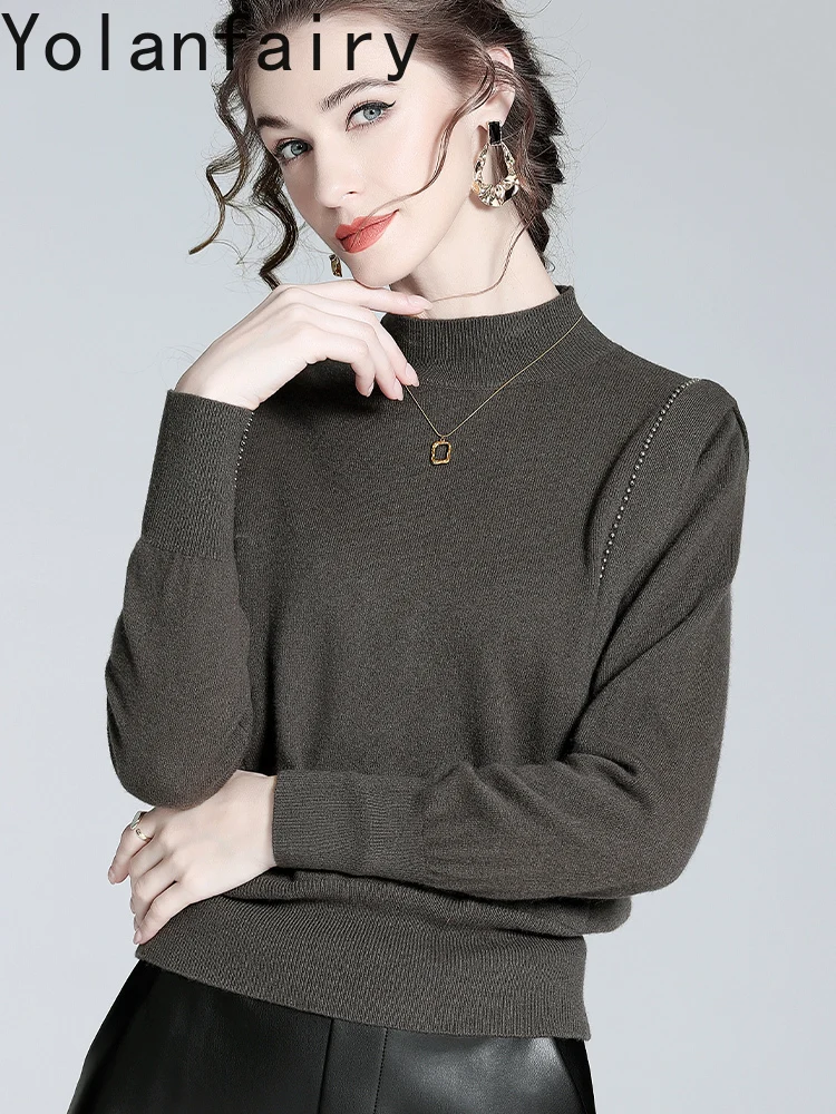 YOLANFAIRY الراقية 89% الصوف 11% سترة الكشمير المعنقة امرأة خفيفة فاخرة عالية الرقبة قاعدة طبقة طويلة الأكمام بلايز رداء علوي من الصوف البلوزات