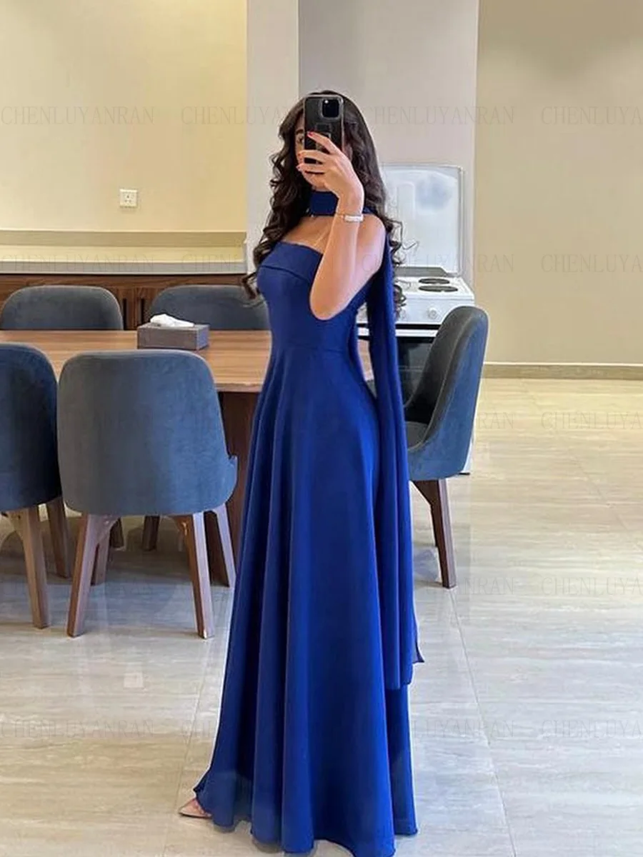 Blue Formal Occasion Dresses 2023 Strapless A-line Satin Ball Gowns Custom Made Long Sexy Evening Party Gowns فساتين الحفلات