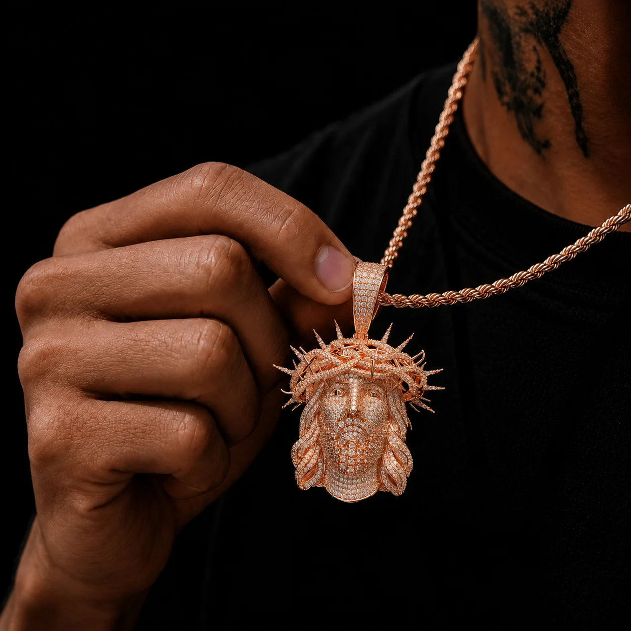 Iced Out Jesus Head Pendant Necklace with Crown of Thorns Full Micro Paved CZ Gold Silver Plated Rope Chain Hip Hop Men Jewelry