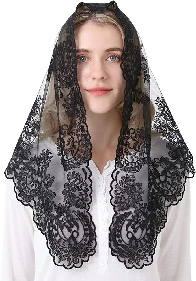 Mantilla de encaje triangular tradicional española para mujer, velo católico de iglesia cristiana