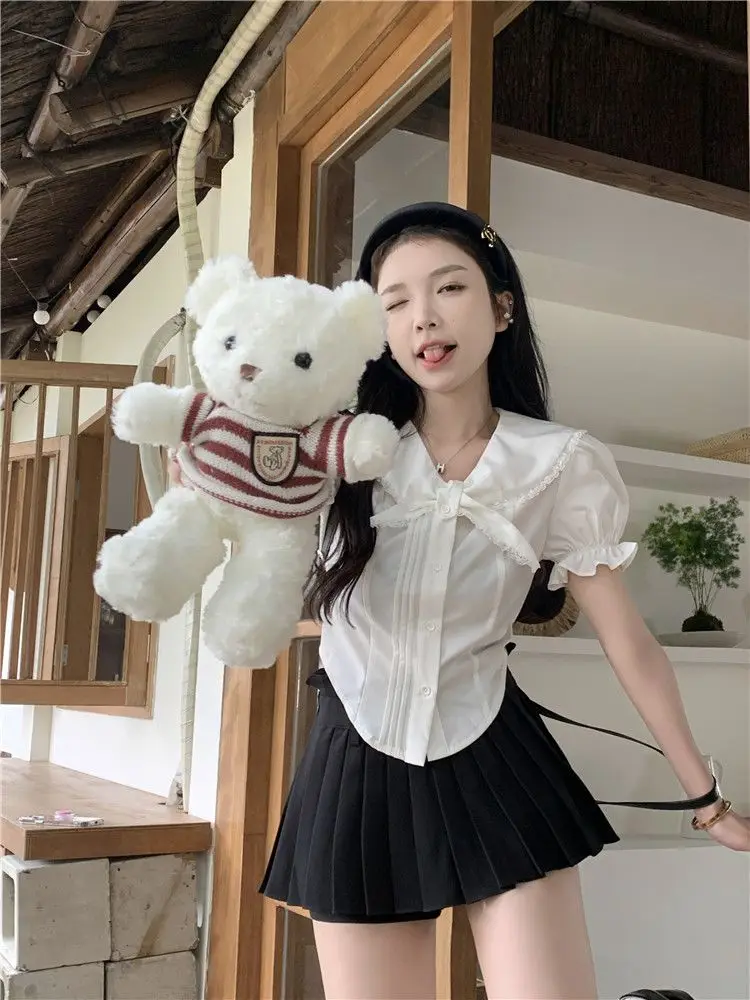 بلوزات حلوة 2025 ملابس نسائية بياقة بيتر بان قمصان بيضاء قطع علوية قصيرة Camisas De Mujer بلوزة صيفية بأكمام منتفخة #5