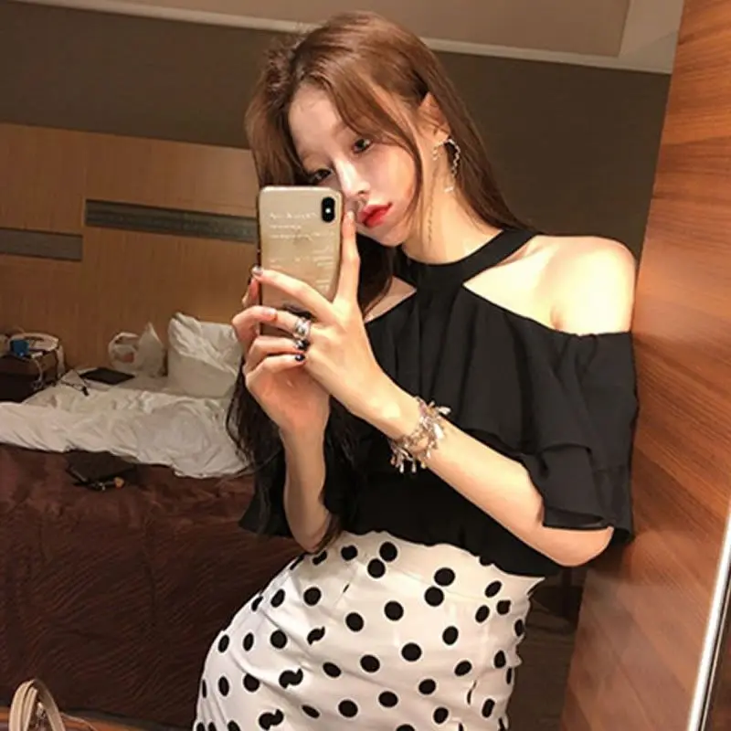 Off Shoulder Halter Sexy Chiffon Blouse New 2022 Korean Ruffles Summer Woman Shirt Short Sleeve Solid Loose White Black Tops